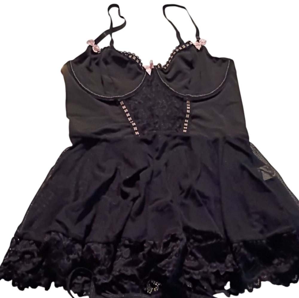 Black Lace Babydoll Lingerie With Thong And  Fishnet Stockings
